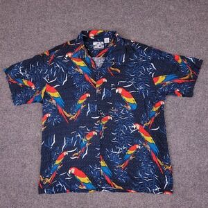 Pineapple Connection Men's Casual Button-Down Shirt L Navy Multi Rayon Parrot